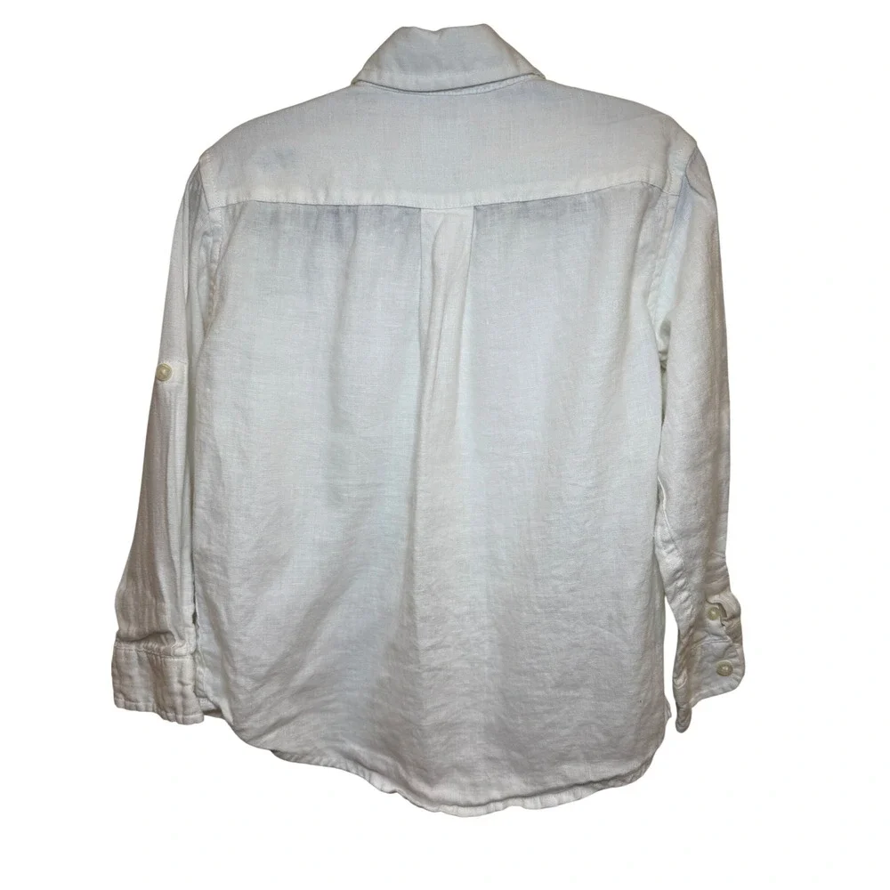 Janie & Jack Button Down Shirt Kids 4 White Excellent 100% Linen Roll-Tab Sleeve